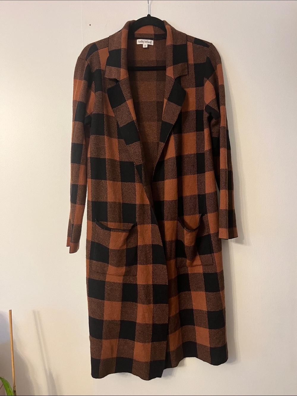 kathy ireland Black & Brown Buffalo Check Long Open Cardigan
